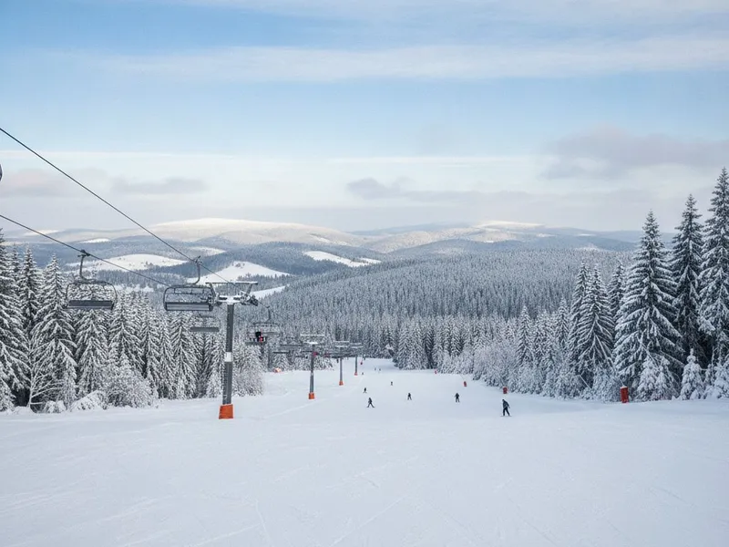 Szeroka przygotowana trasa z koleją krzesełkową i narciarzami na tle zalesionych wzgórz