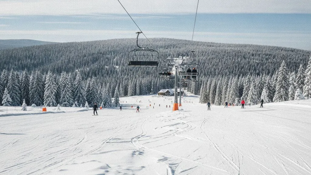 Przygotowana trasa narciarska z koleją krzesełkową i ośnieżonym lasem świerkowym pod błękitnym niebem